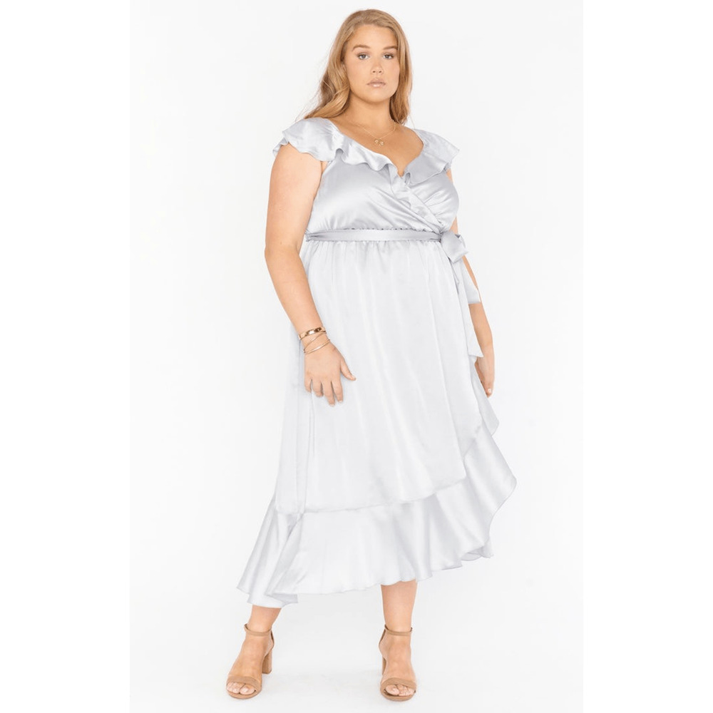 Show Me Your Mumu NWT Samantha Ruffle Wrap Dress in Silver Luxe Satin Size 1X